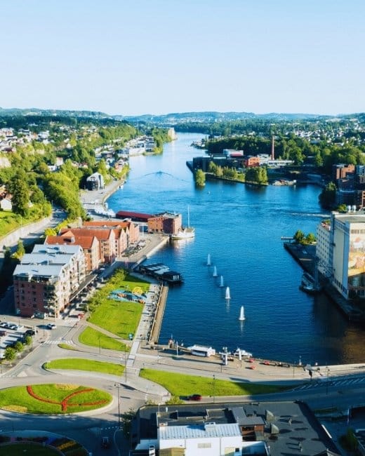 View of city of Skien View of city of Skien. Here the fjord ends and the Telemark Canal begins.